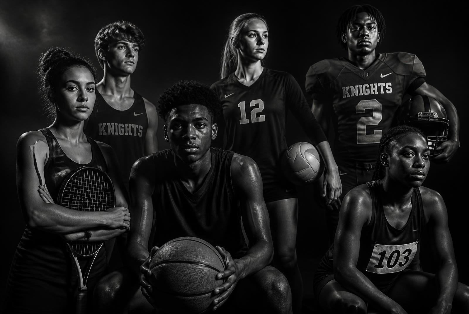 Youth athletes from soccer, basketball, tennis, track and volleyball standing together